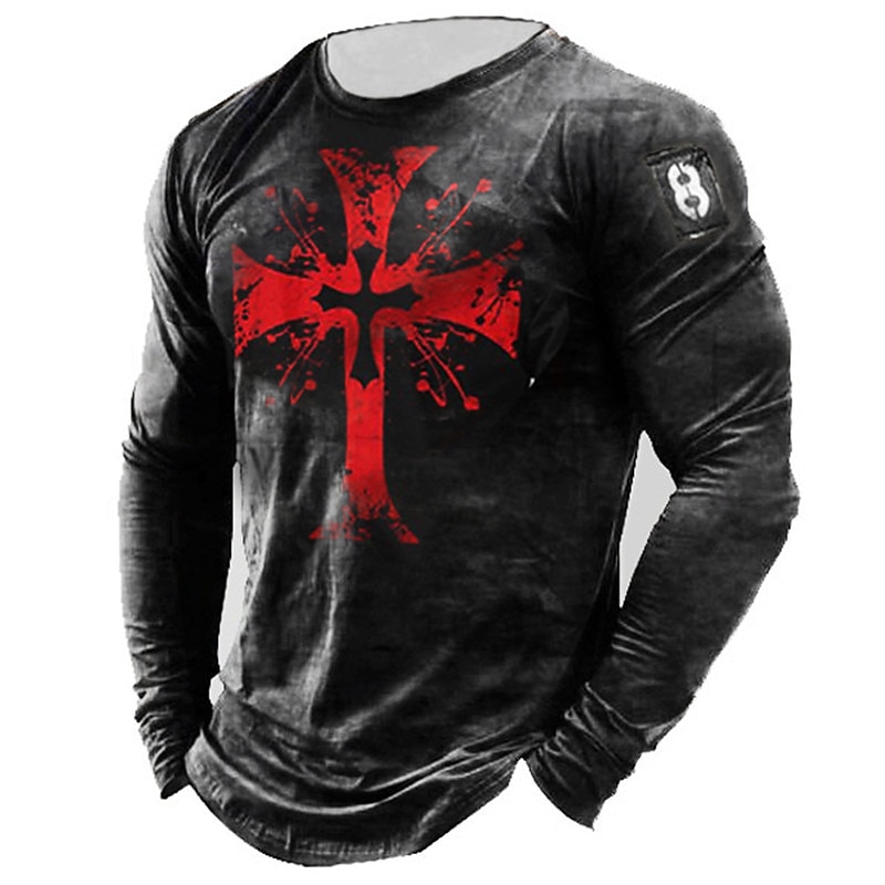 Men's Templar Cross Graphic Prints Cross T Shirt Distressed T Shirt Long Sleeve T shirt 3D Print Crew Neck Shirt Vintage Designer Lightweight Outdoor Daily Holiday Black Spring &  Fall Clothing