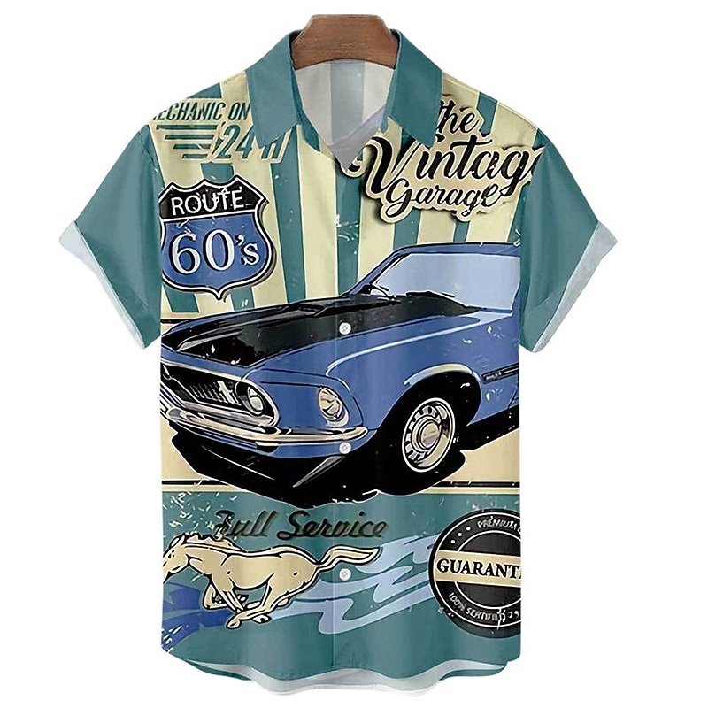 Men's Car Letter Shirt Summer Hawaiian Shirt Aloha Shirt Short Sleeve Shirt Turndown Vintage Fashion Hawaiian Outdoor Street Casual Red Royal Blue Blue 3D Print S M L