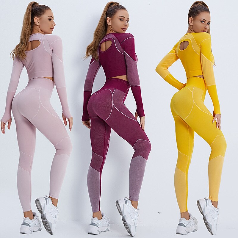 Women's Activewear Set Workout Sets Winter 2 Piece Cropped Stripes Leggings Crop Top Yellow Pink Spandex Yoga Fitness Gym Workout Tummy Control Butt Lift Breathable Sport Activewear Stretchy3