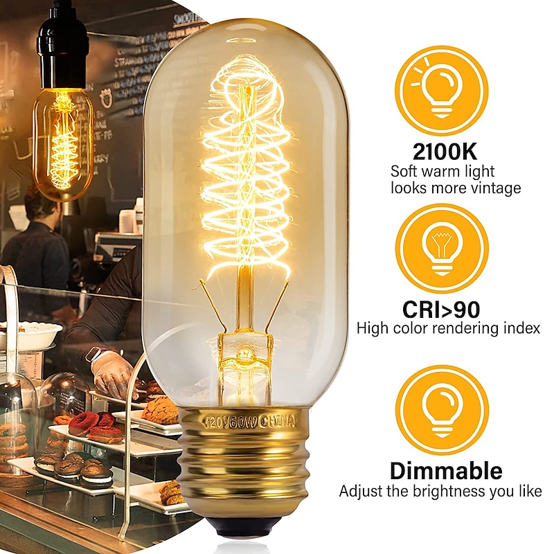 8pcs 6pcs T45 Vintage Edison Incandescent Light Bulb 40W Dimmable Antique Tubular Filament Warm White E26/E27 Amber Lamp for Home Light Fixtures Decorative AC220V AC110V3