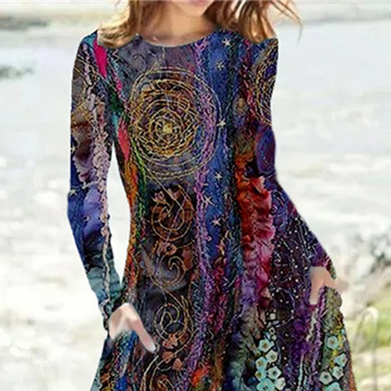 Women's Midi Dress Casual Dress Winter Dress Ethnic Dress Swing Dress Vacation Casual Modest Formal Outdoor Winter Dress Regular Fit Floral Long Sleeve Crew Neck Purple Fall Winter Autumn3
