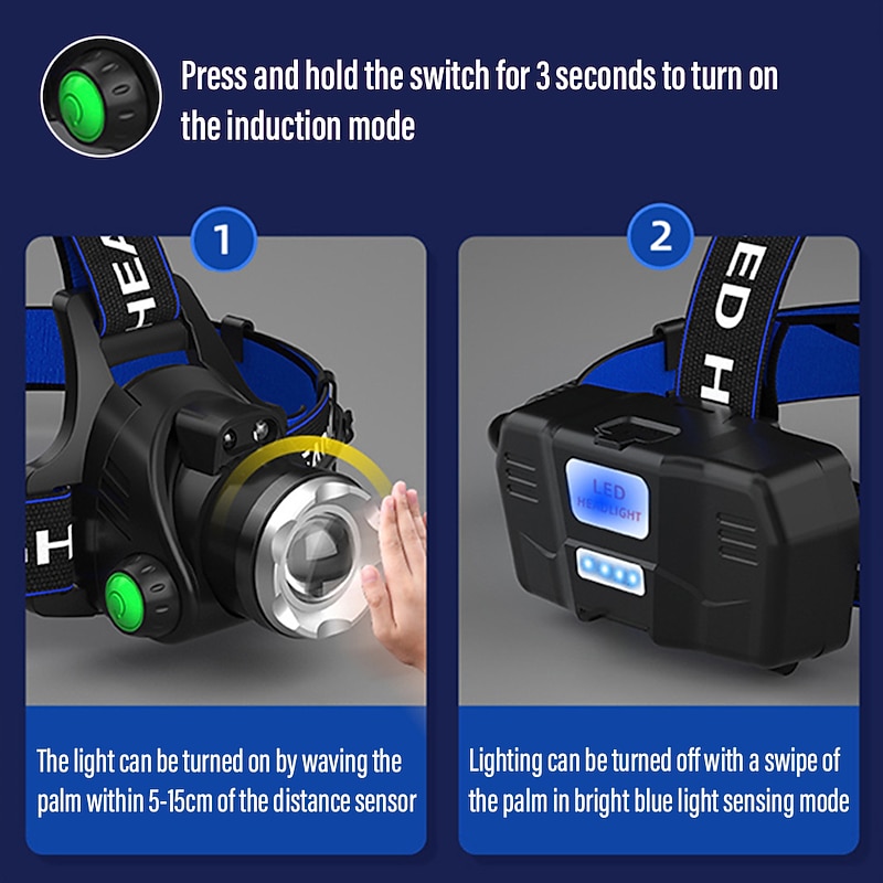 LED Headlamp with Sensor Fishing Headlight L2/P50 3 Modes Zoomable Waterproof Super Bright Camping Light Powered by 2x18650 Batteries3