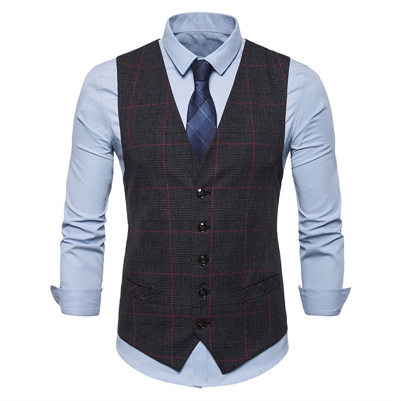 Men's Vest Waistcoat Wedding Work Business Daily Business Casual Winter Pocket Polyester Windproof Quick Dry Plaid / Check Single Breasted V Neck Regular Fit Light Grey Dark Gray Coffee Vest2