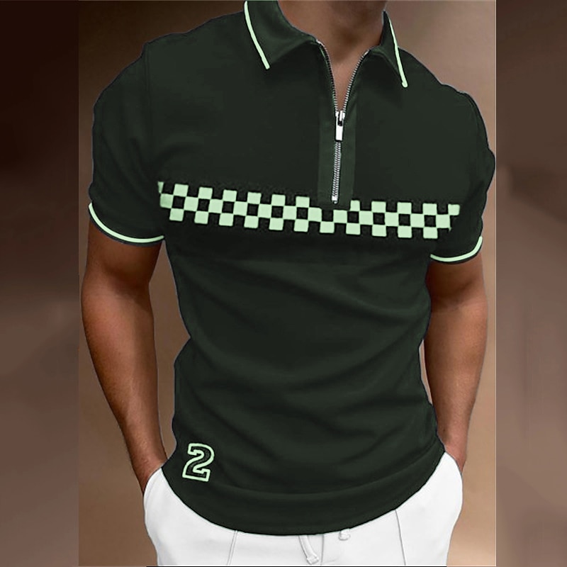 Men's Polo Shirt Golf Shirt Street Daily Quarter Zip Short Sleeve Fashion Casual Plaid Zipper 3D Spring & Summer Regular Fit Black Blue Brown Green Polo Shirt4