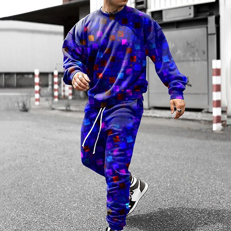 Mens Graphic Hoodie Tracksuit Hoodies Set Black And White Yellow Blue Green Crew Neck 2 Piece Print Sports & Outdoor Casual 3D Streetwear3