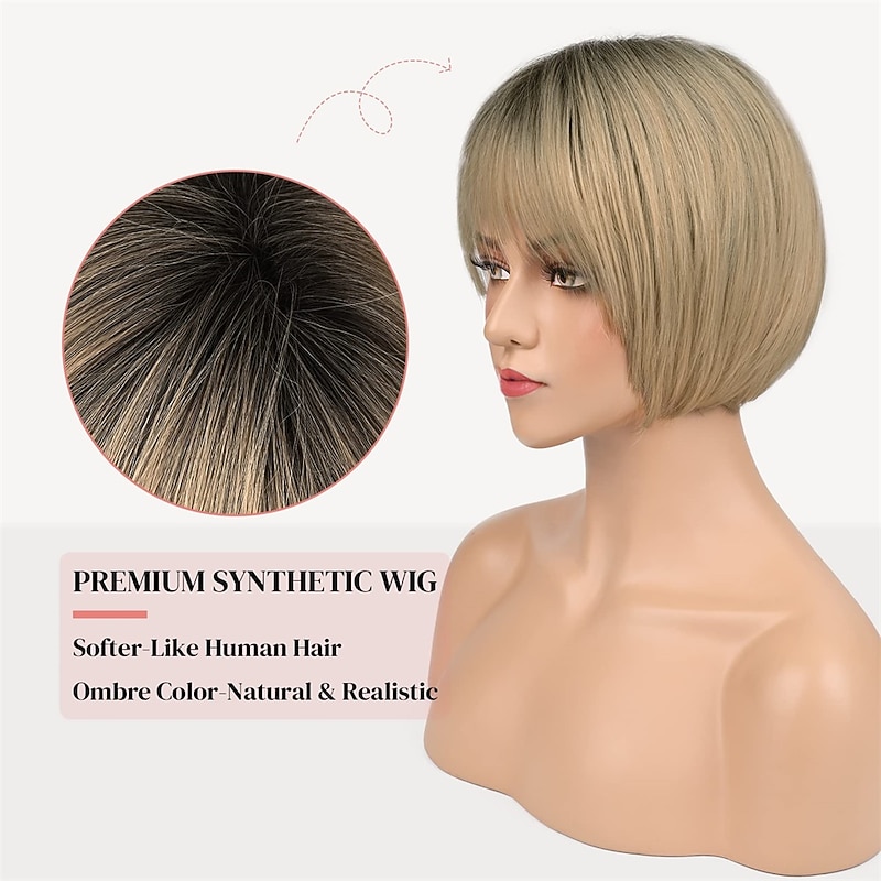 Blonde Bob Wig With Air Bangs for White Women 10 Short Ombre Ash Blonde with Dark Roots Hair Wigs Synthetic Side Part Natural Looking Hairpiece4