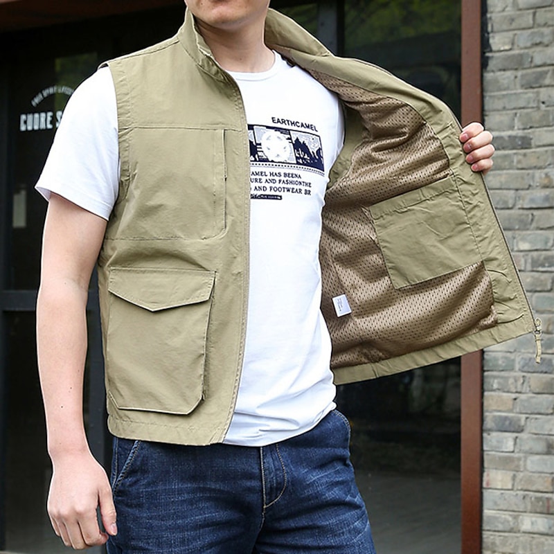 Men's Fishing Vest Hiking Vest Top Outdoor Breathable Water Resistant Zipper Pocket Multi Pockets Polyester Army Green Khaki Dark Blue Fishing Climbing2