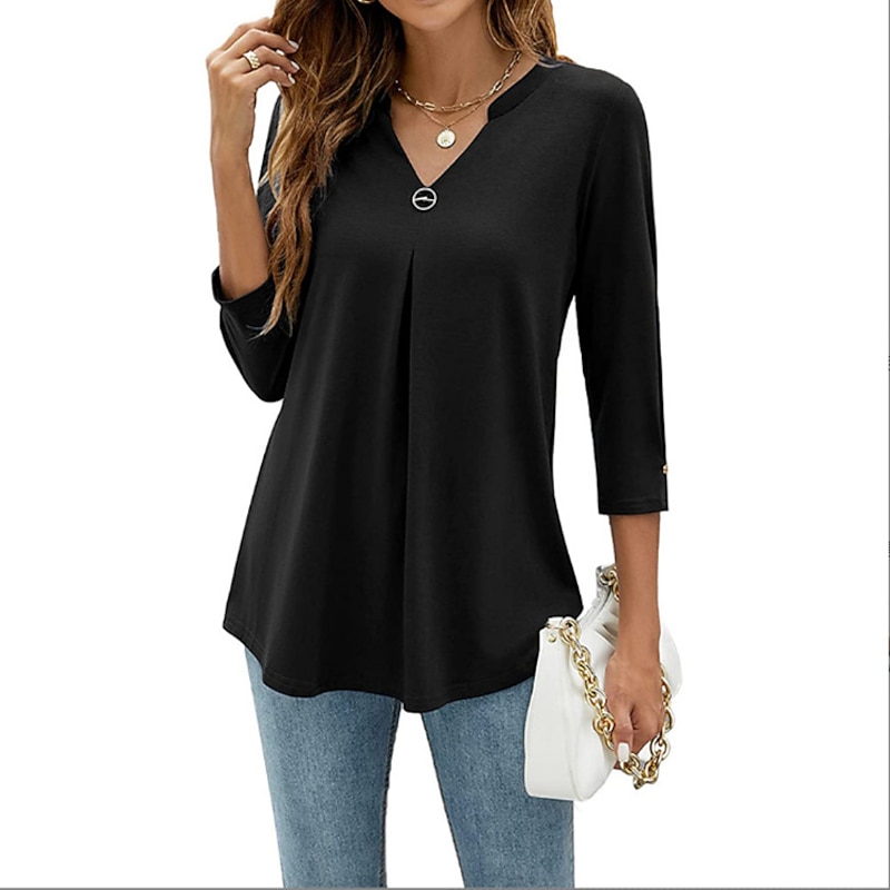 Women's Shirt Blouse Tunic Black White Pink Plain Flowing tunic 3/4 Length Sleeve Daily Weekend Streetwear Casual V Neck Regular S3