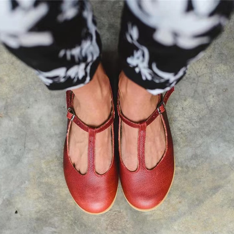 Women's Red Leather T-Strap Flats with Buckle Closure - Vintage-Inspired Casual Shoes2