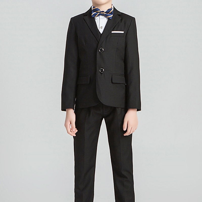4 Pieces 5 Pieces Ring Bearer Suit Boys Kids Toddler Suit Formal Suit Suit & Blazer Suit Vest Jacket & Pants Formal Anniversary Party Back to School Fashion Gentle Solid Color Black Navy Blue Cotton4