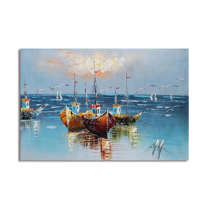 Oil Painting Handmade Hand Painted Wall Art Abstract Boats Canvas Painting Home Decoration Decor Stretched Frame Ready to Hang3