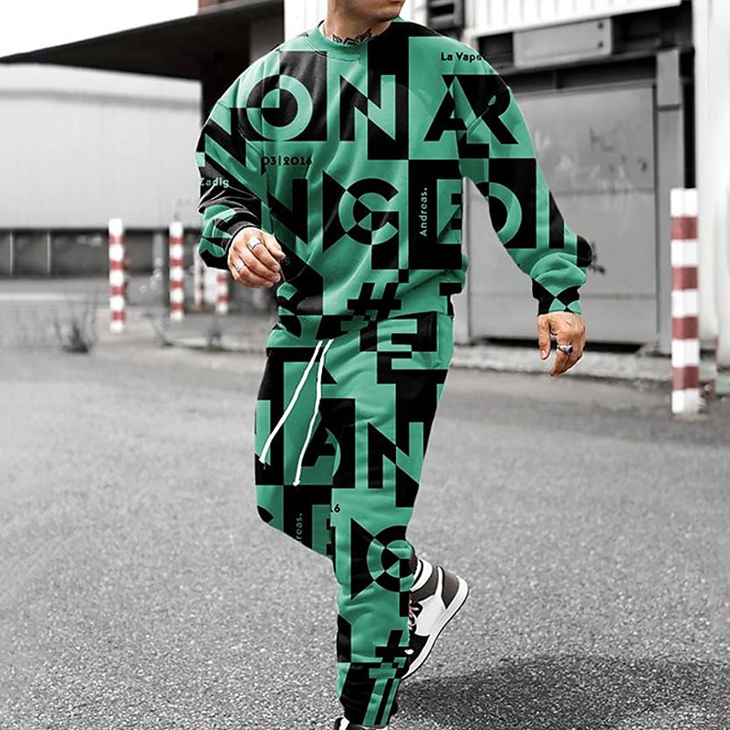 Mens Graphic Hoodie Tracksuit Hoodies Set Black And White Yellow Blue Green Crew Neck 2 Piece Print Sports & Outdoor Casual 3D Streetwear4