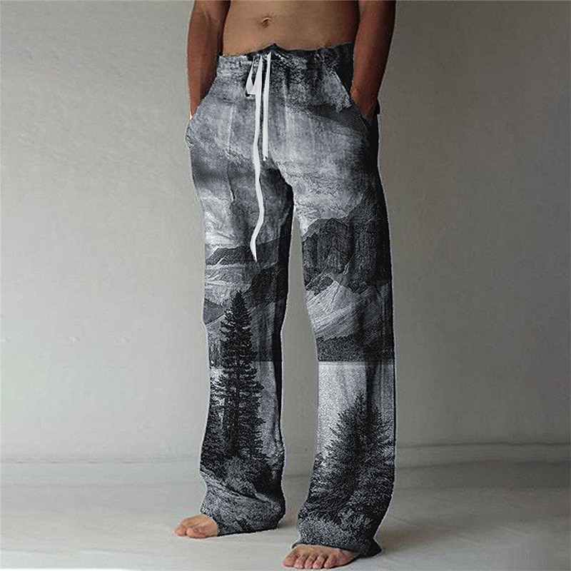 Men's Trousers Summer Pants Baggy Beach Pants Elastic Drawstring Design Front Pocket Straight Leg Tree Graphic Prints Comfort Soft Casual Daily For Vacation Linen Like Fabric Fashion Streetwear Blue
