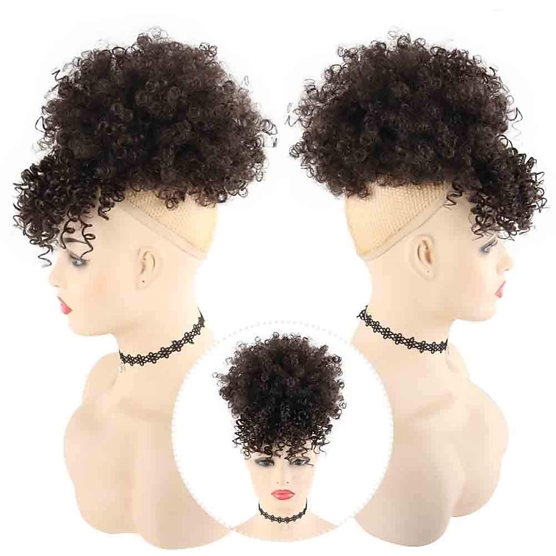 Afro High Puff Hair Bun Drawstring Ponytail With Bangs Short Kinky Curly Pineapple Pony Tail Clip in on Wrap Updo Ponytail Extensions3
