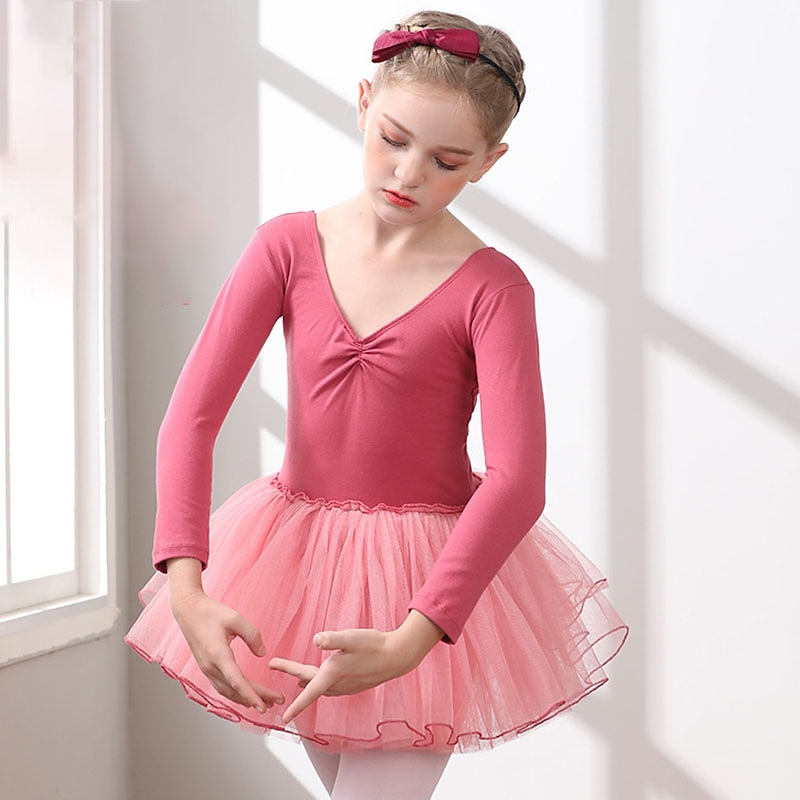 Kids' Dancewear Ballet Dress Pure Color Splicing Tulle Girls' Training Performance Long Sleeve High Cotton Blend Tulle
