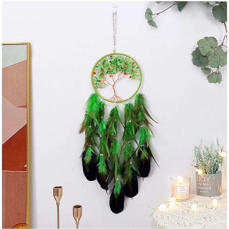 Life Of Tree Green Dream Catcher Handmade Gift Feather Hook Wind Chime Ornament Wall Hanging Decor Art Boho Style 16*70cm3