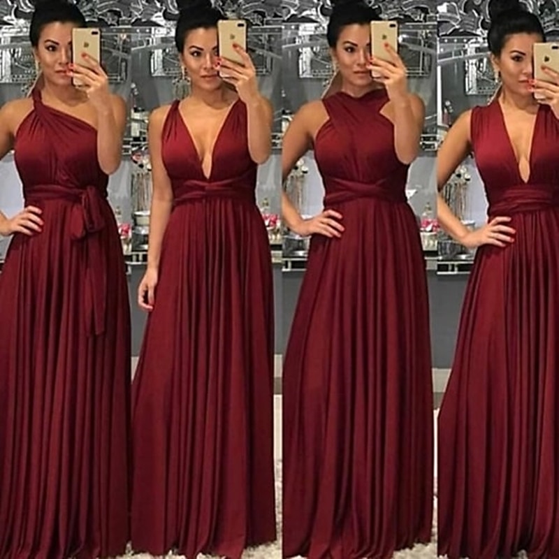 A-Line Bridesmaid Dress V Neck Sleeveless Convertible Infinity Floor Length Spandex with Sash / Ribbon / Pleats 2022 2025 - $160.99