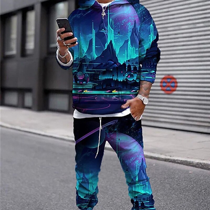 Men's Tracksuit Hoodies Set Royal Blue Blue Purple Light Blue Hooded Graphic Universe 2 Piece Print Sports & Outdoor Casual Sports 3D Print Polyester Streetwear Sportswear Basic Spring Fall Clothing2
