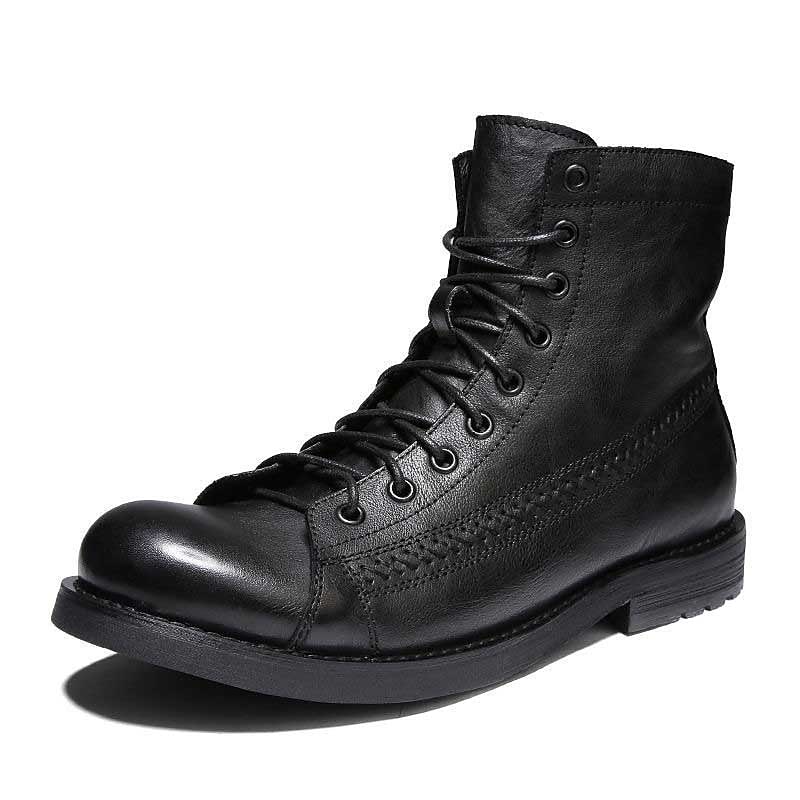 Men's Black Faux Leather Lace-Up Combat Boots with Brogue Detailing, Vintage Style Motorcycle Boots for Rugged Outdoor and Casual Wear2