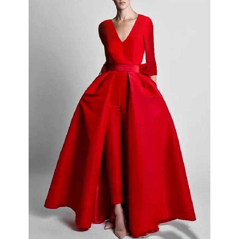 Two Piece Jumpsuits Evening Gown Elegant Dress Wedding Wedding Guest Floor Length Long Sleeve V Neck Pocket Stretch Fabric with Butterfly