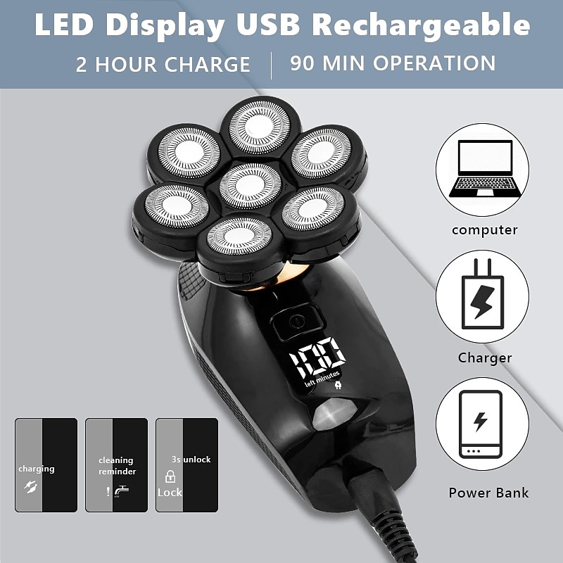 7D Electric Shaver for Men - Waterproof, 7 Floating Cutter Heads, Multifunction USB Rechargeable Razor & Trimmer3