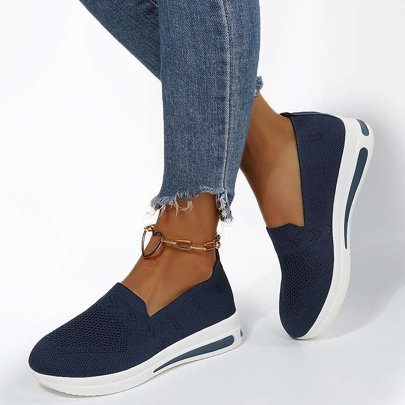 Women's Navy Blue Slip-On Walking Shoes - Breathable Mesh Comfort Sneakers for Casual, Travel, and Everyday Wear