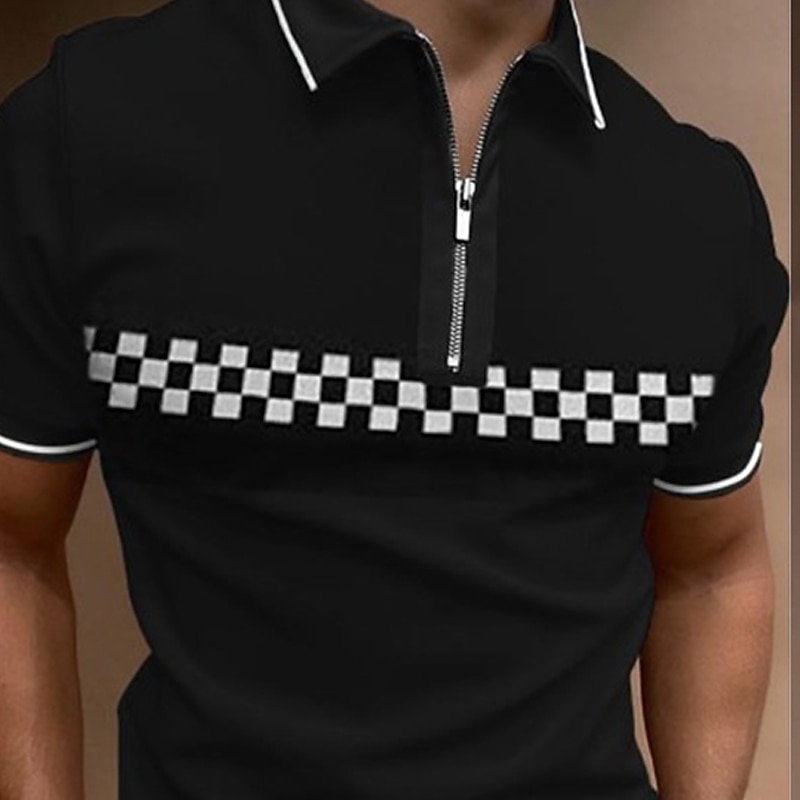 Men's Polo Shirt Golf Shirt Street Daily Quarter Zip Short Sleeve Fashion Casual Plaid Zipper 3D Spring & Summer Regular Fit Black Blue Brown Green Polo Shirt2