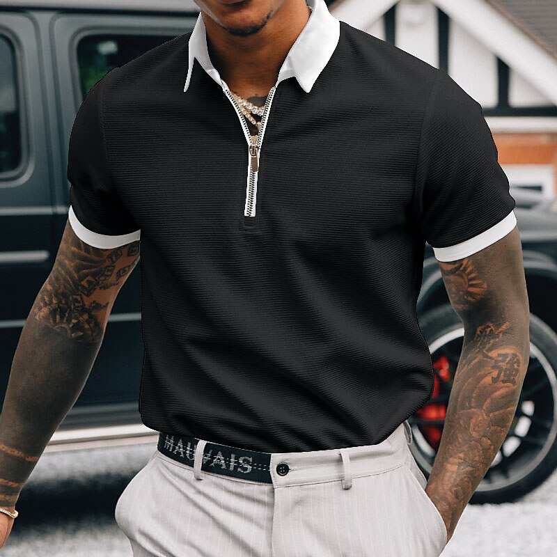 Men's Polo Shirt Golf Shirt Going out Gym Turndown Quarter Zip Short Sleeve Sportswear Casual Solid Color Sports Patchwork Zipper Spring & Summer Slim Black-White Black White Navy Blue Blue / White