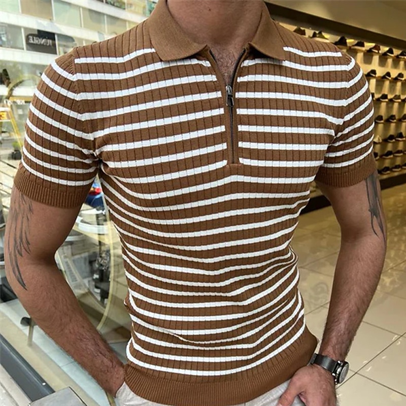Men's Polo Shirt Golf Shirt Street Casual Zip Quarter Zip Short Sleeve Fashion Designer Striped Zipper Quarter Zip Summer Spring Fall Regular Fit Brown Polo Shirt