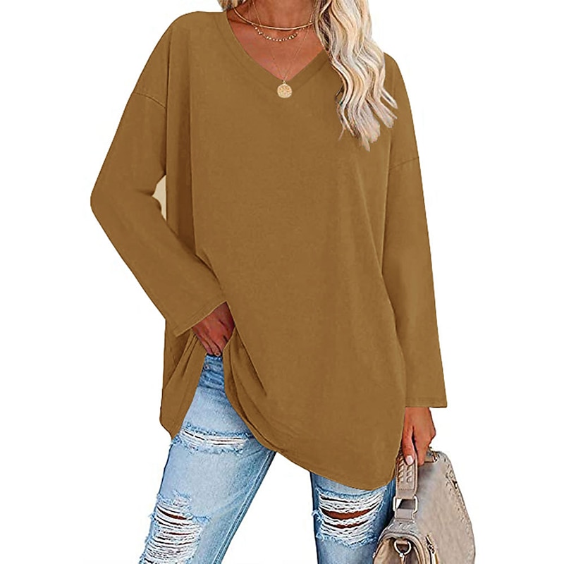 Women's T Shirt Plain Basic Long Sleeve V Neck Regular Tops Valentine's Day Casual Weekend White Yellow Pink Red Blue Fall & Winter 24