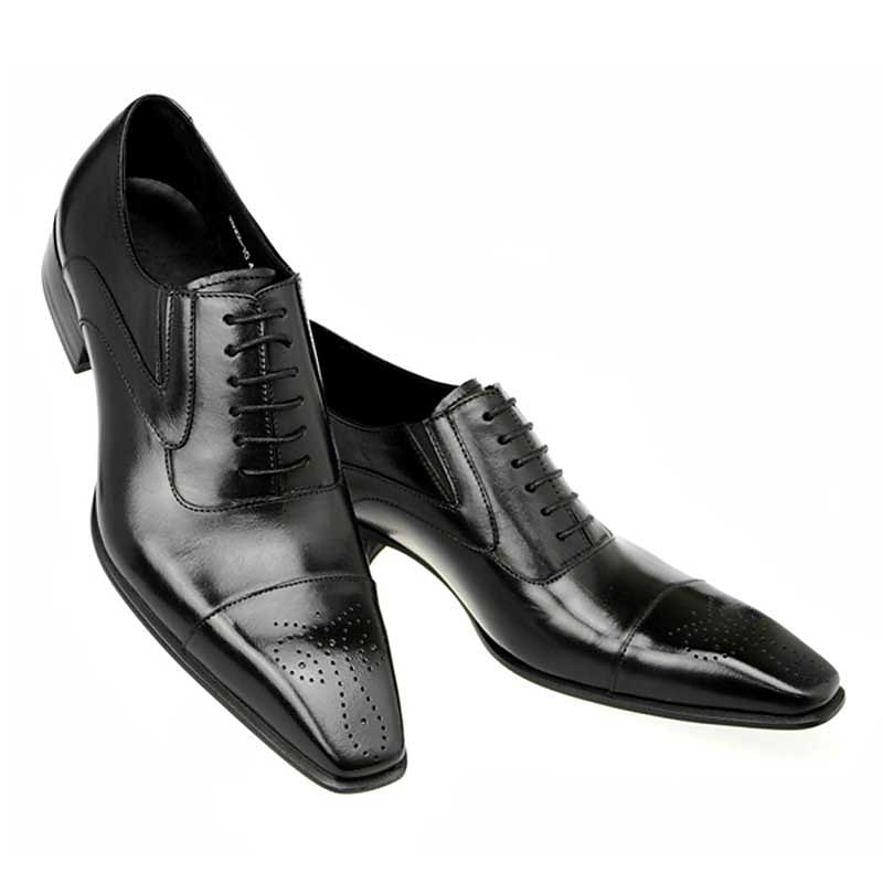 Men's Black Faux Leather Oxford Dress Shoes - Classic Cap Toe Design with Brogue Detailing, Perfect for Formal Events, Weddings, and Business Attire