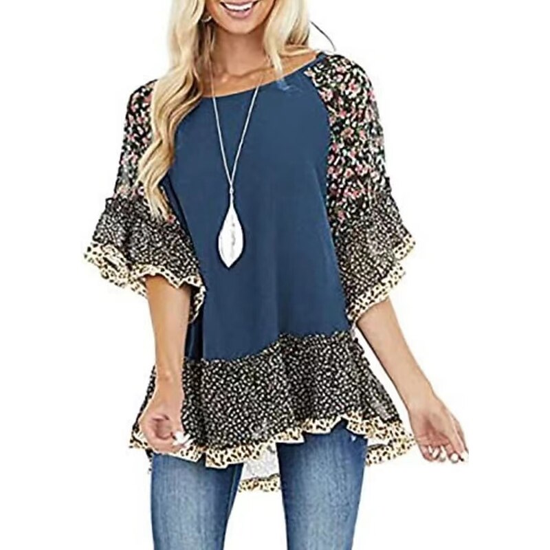 Women's Shirt Boho Shirt Tunic Blouse Floral Leopard Streetwear Casual 3/4 Length Sleeve Round Neck Regular Tops Daily Weekend Ruffle Print Flowing tunic Black White Light Green Blue Fuchsia4