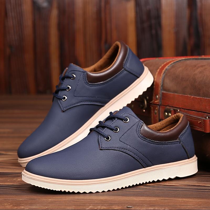 Men's Navy Blue Faux Leather Casual Lace-Up Shoes – Stylish Sneakers with Brown Accents for Work, Daily Wear & Casual Outings