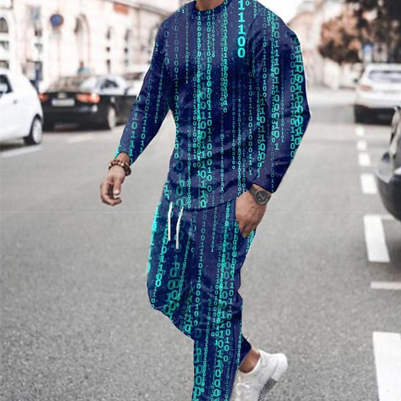 Men's Tracksuit Hoodies Set Yellow Royal Blue Blue Gray Crew Neck Graphic Geometric 2 Piece Print Sports & Outdoor Casual Sports 3D Print Streetwear Sportswear Basic Spring Fall Clothing Apparel4