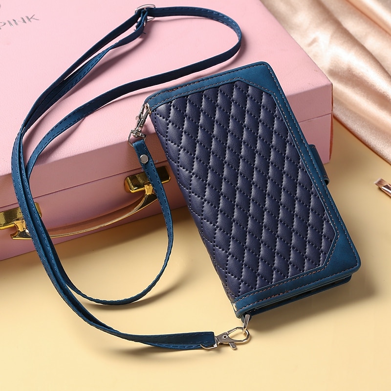 Phone Case For Samsung Galaxy S25 S24 S23 S22 S21 FE S21 Ultra Plus A14 A34 A54 A73 Handbag Purse Wallet Case Zipper with Removable Cross Body Strap With Card Holder Solid Colored Geometric Pattern2