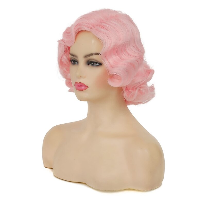 Short Pink Curly Finger Wigs for Women Synthetic Wave Full Wig Cosplay Carnival Flapper Vintage Mommy Wig Halloween Wigs3