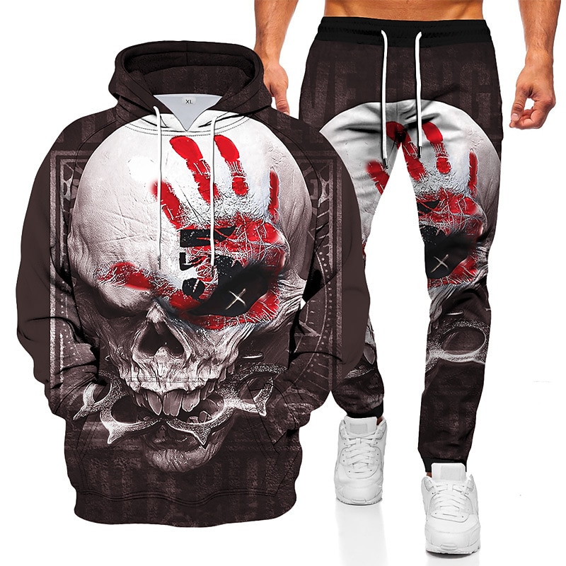 Men's Tracksuit Hoodies Set Wine Red Royal Blue Blue Brown Coffee Hooded Graphic Skull 2 Piece Print Sports & Outdoor Casual Sports 3D Print Polyester Streetwear Sportswear Basic Spring Fall Clothing3