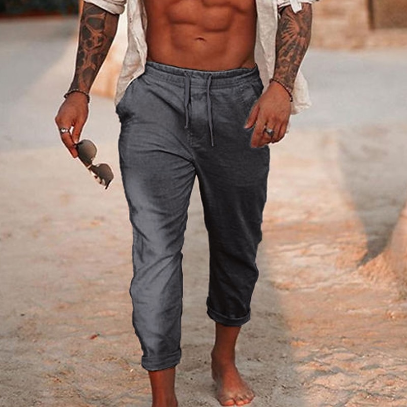 Men's Linen Pants Trousers Summer Pants Drawstring Elastic Waist Plain Comfort Soft Daily Beach Fashion Simple Black White Micro-elastic2