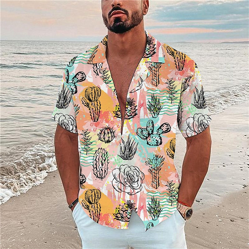 Men's Cactus Tropical Plants Shirt Summer Hawaiian Shirt Aloha Shirt Short Sleeve Shirt Turndown Fashion Designer Casual Outdoor Street Casual White Yellow Orange 3D Print S M L