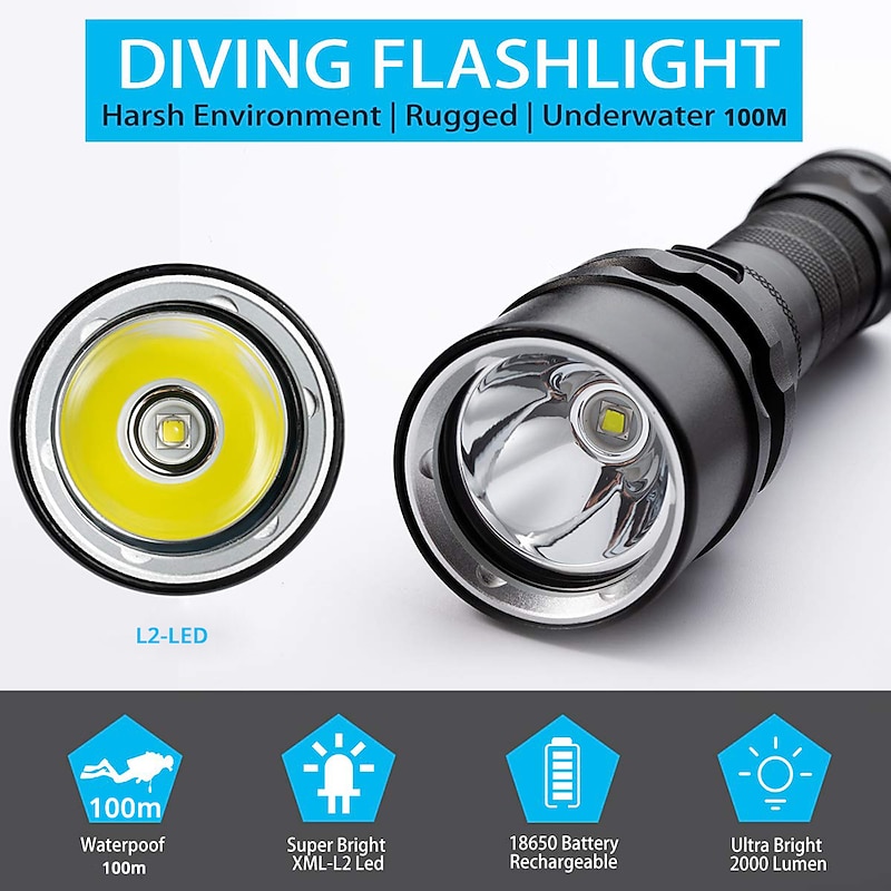 LED Flashlights Super Bright Diving Flashlight IP68 Highest Waterproof Rating Professional Diving Light Powered by 18650 Battery With Hand Rope2