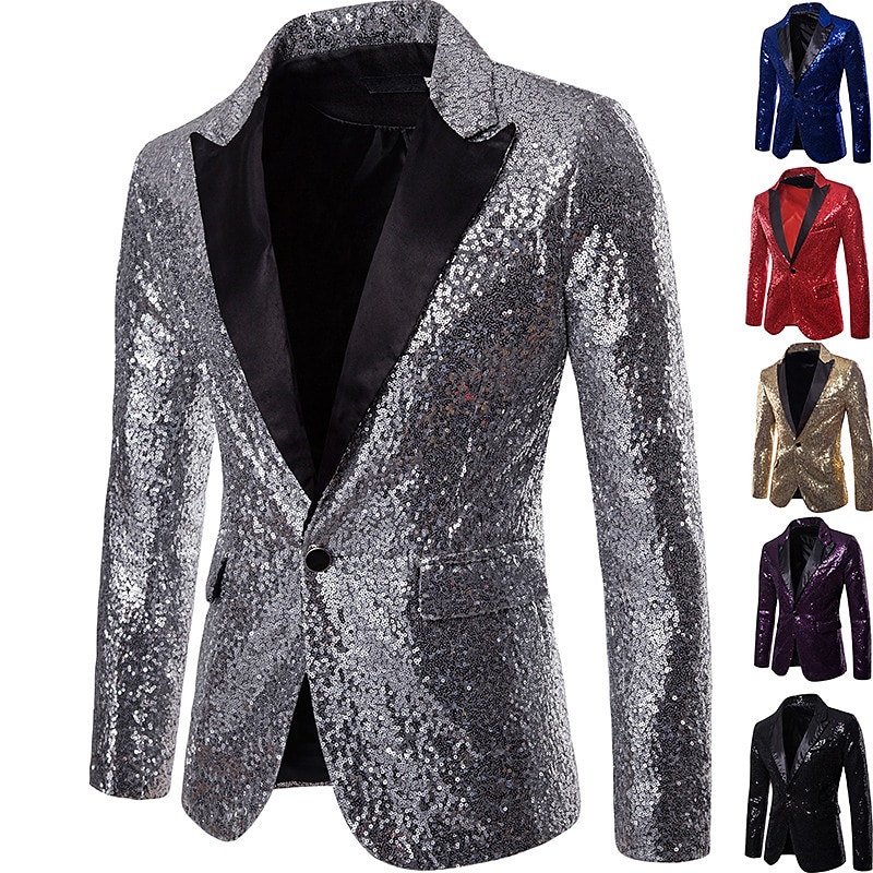 Men's Jacket Blazer Wedding Party / Evening Reflective Glitter Sequin Spring Fall Sequin Party Shawl Collar Regular Regular Regular Fit Black Silver Red Blue Purple Jacket 5