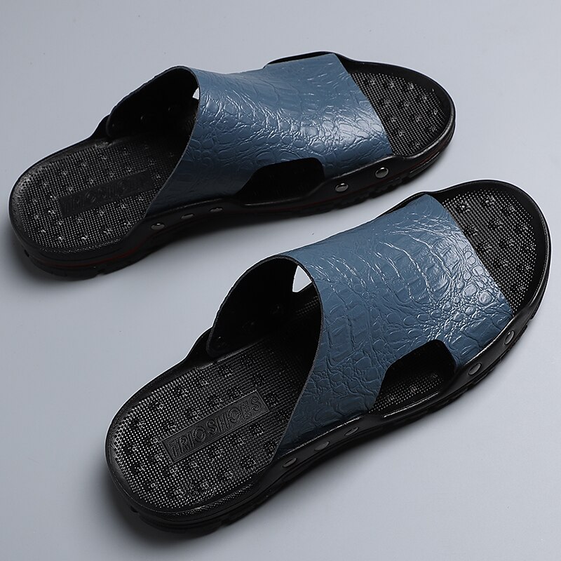 Men's Casual Open-Toe Slides – Comfortable Breathable Leather Sandals with Durable Rubber Sole, Ideal for Outdoor, Beach, and Everyday Wear2