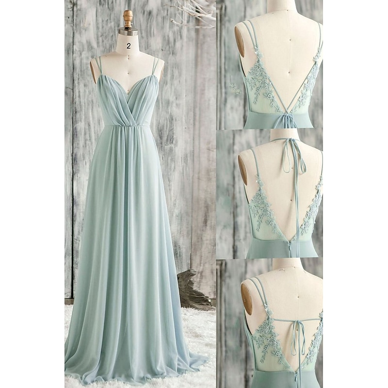 A-Line Bridesmaid Dress Spaghetti Strap / V Neck Sleeveless Open Back Floor Length Chiffon / Lace with Appliques 2025 2025 - $160.99