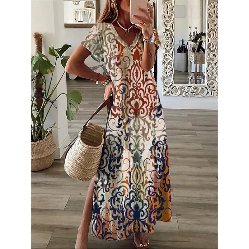 Women's Maxi Dress Casual Dress Shift Dress Floral Outdoor Vacation Daily Regular Fit Short Sleeve V Neck Khaki Summer Spring