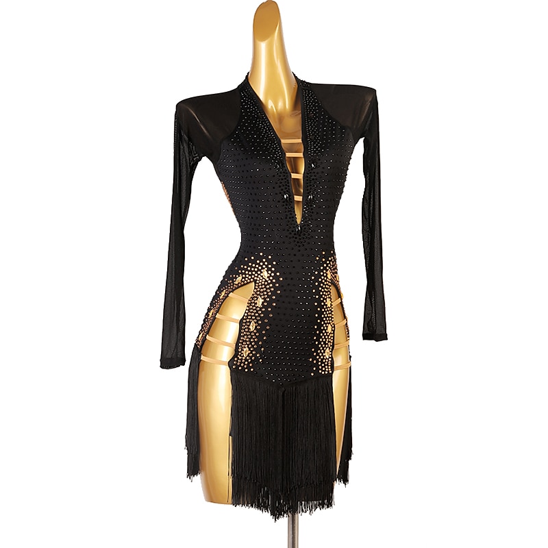 Latin Dance Dress Tassel Crystals / Rhinestones Women's Performance Long Sleeve Chinlon Mesh3
