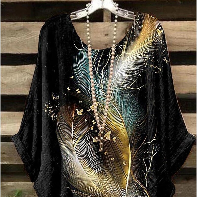 Women's Plus Size Blouse Chiffon Vintage Holiday Casual Print Dolman Sleeve 3/4 Length Sleeve Crew Neck Daily Weekend Black Dark Blue Summer Spring Fall2