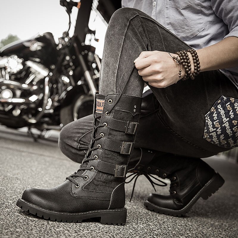 Men's Black Leather Motorcycle Boots with Buckle Straps and Lace-Up Design for Biker Style