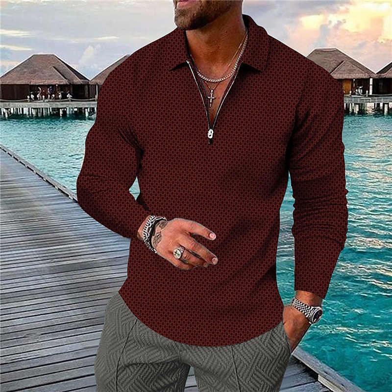 Men's Geometric Hawaiian Polo Shirts Golf Shirt Long Sleeve Polo Shirts Collared Shirts Casual Beach Wear Vacation Wear Party Outfits 3D Print Quarter Zip Polo Yellow Red Brown3