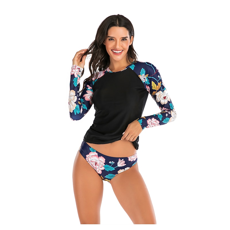 Women's Rash guard Swimsuit Two Piece Swimsuit UV Sun Protection UPF50+ Breathable Long Sleeve Swimwear Bathing Suit Swimming Surfing Water Sports Floral Summer Spring Autumn / Fall3
