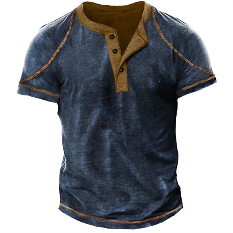 Men's Button T Shirt T Shirt Henley Shirt Tee Short Sleeve Henley Summer Solid Color Designer Basic Classic Patchwork Print Button-Down Outdoor Daily Sports Navy Blue Top Tee for Men